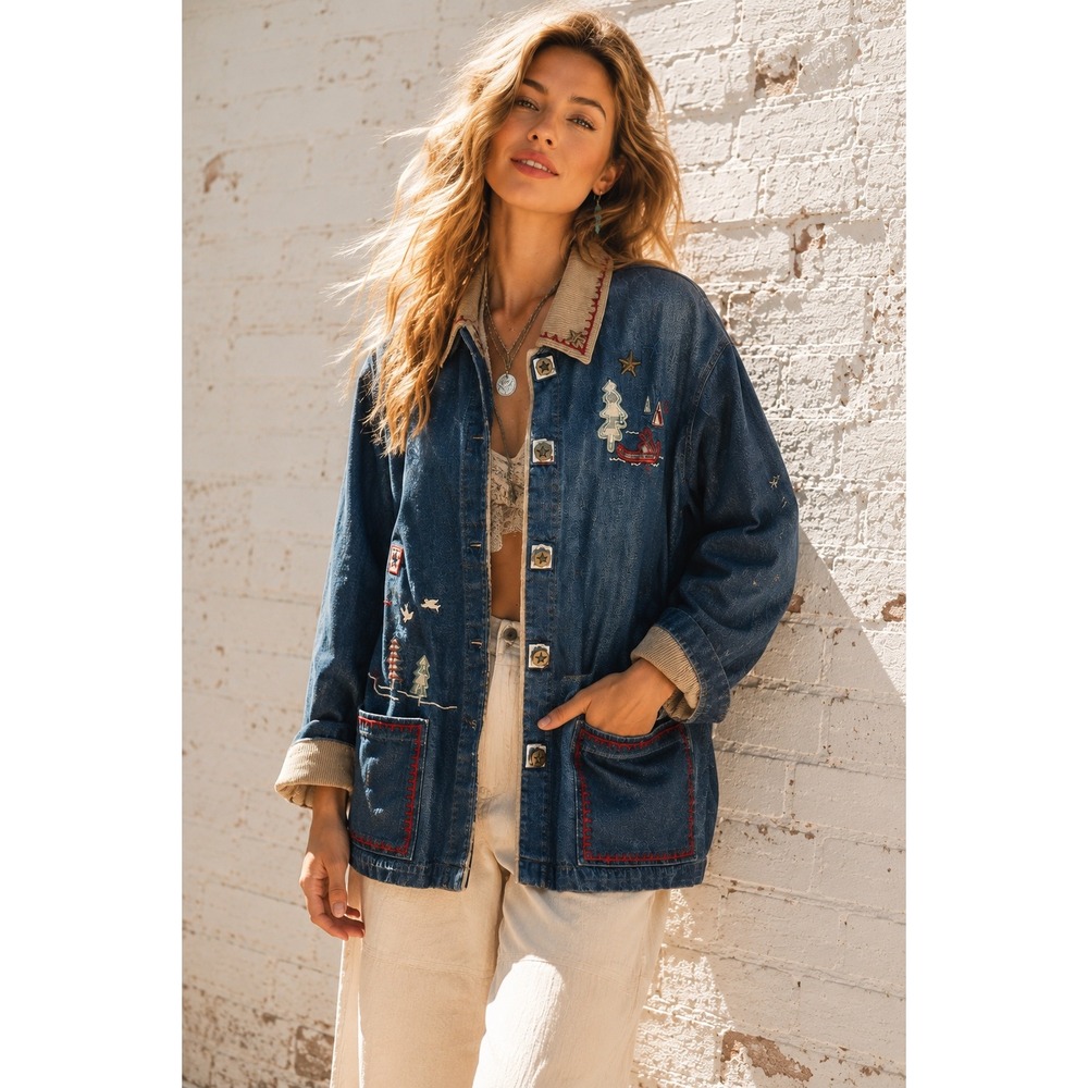 Vintage Teddi Blue Cotton Denim Embroidered Outdoor Chore Cabin Jacket Large